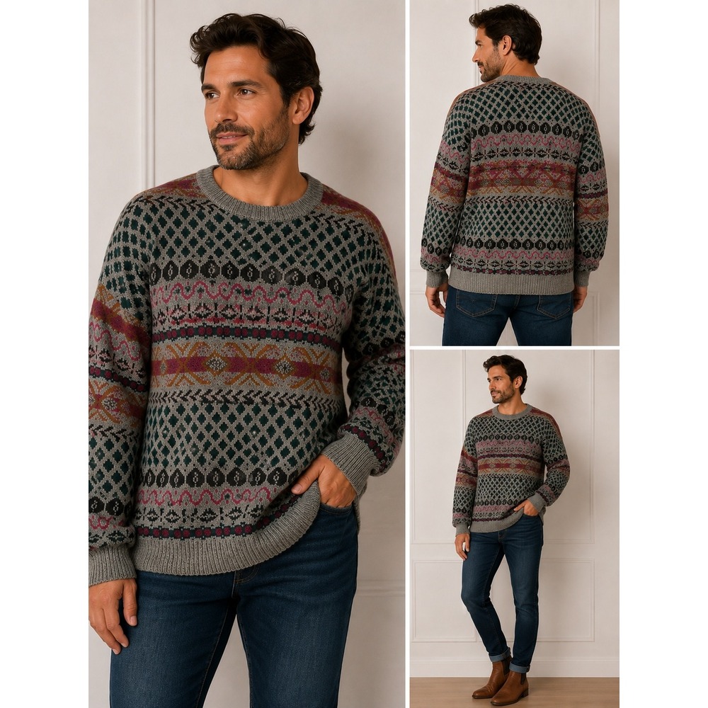 Woolmark Fair Isle Sweater Mens XL Gray Red Virgin Wool Vintage Grandpacore